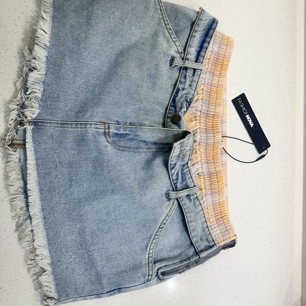 Fashion Nova Light Blue and Beige Mini Skirt